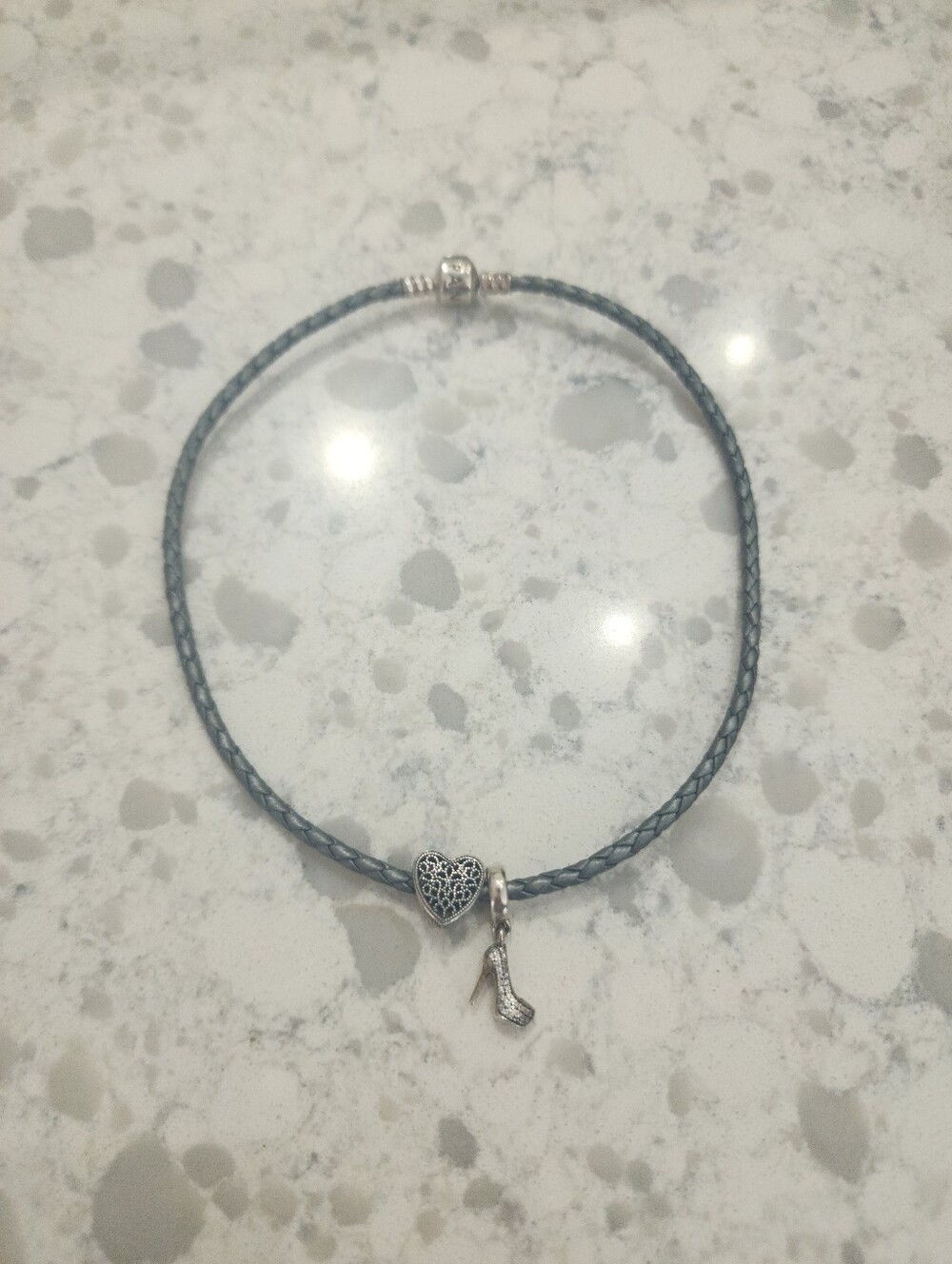 Pandora Gray Braided Leather Necklace with Silver Heart & High-Heel Charms